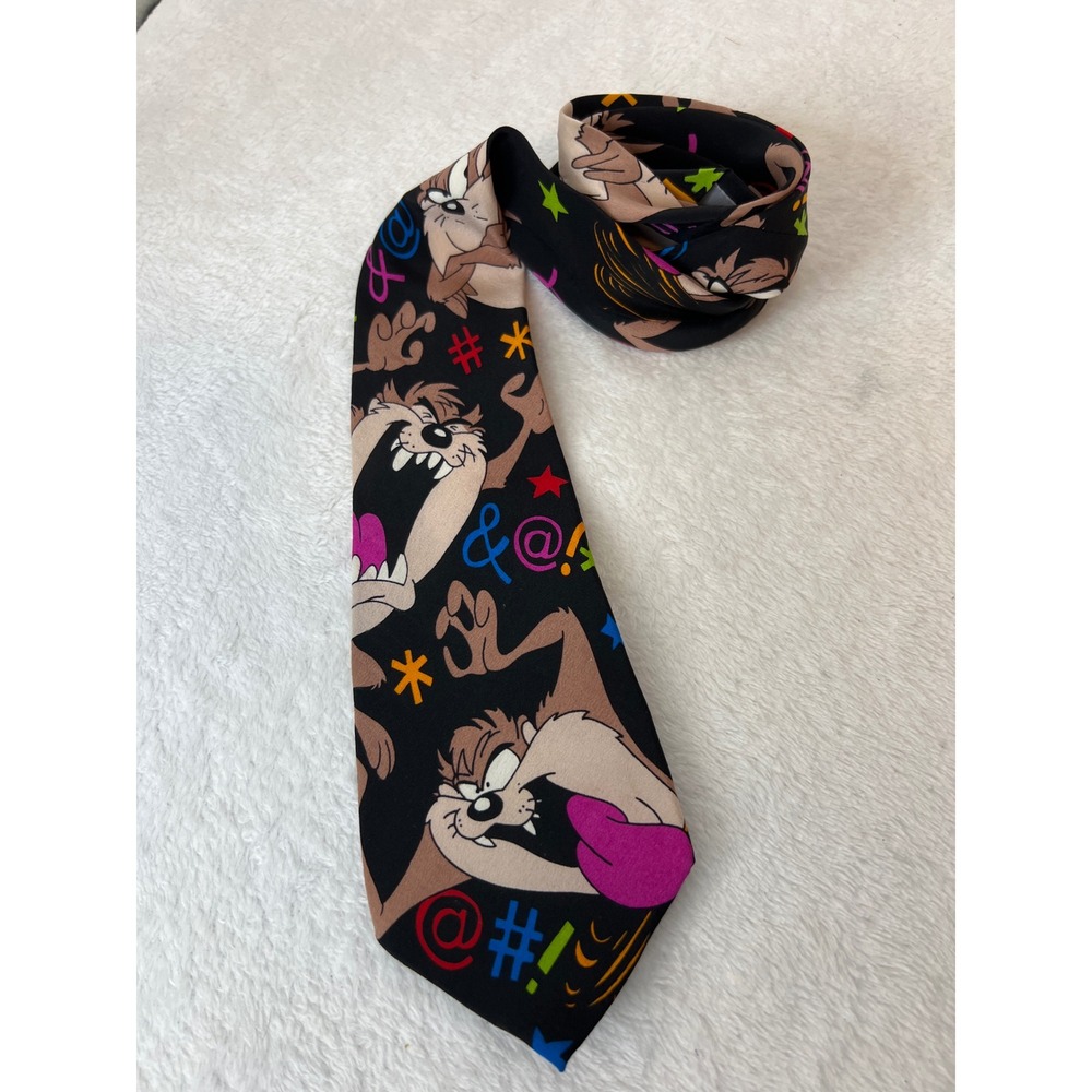 Vintage 1992 Looney Tunes Taz Tasmanian Devil Silk Tie Balancine Black 90s